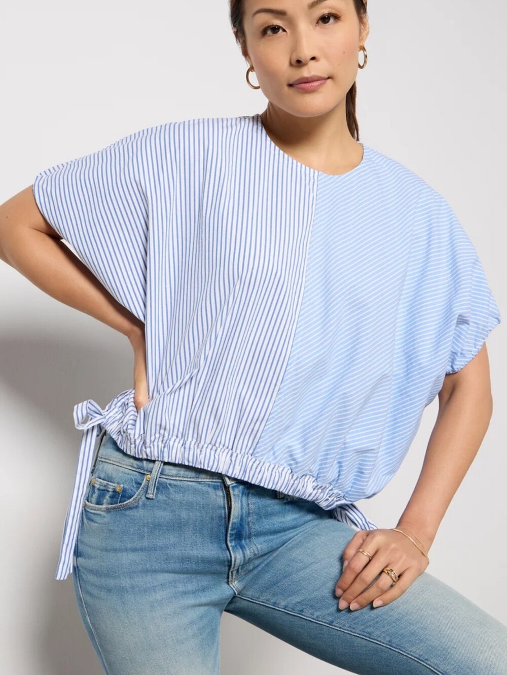 Evereve Vela Bluestripe Contrast Stripe Muscle Cotton Poplin Top Shirt SZ Small